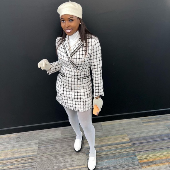 Large white tweed plaid coat dress - Picture 2 of 2